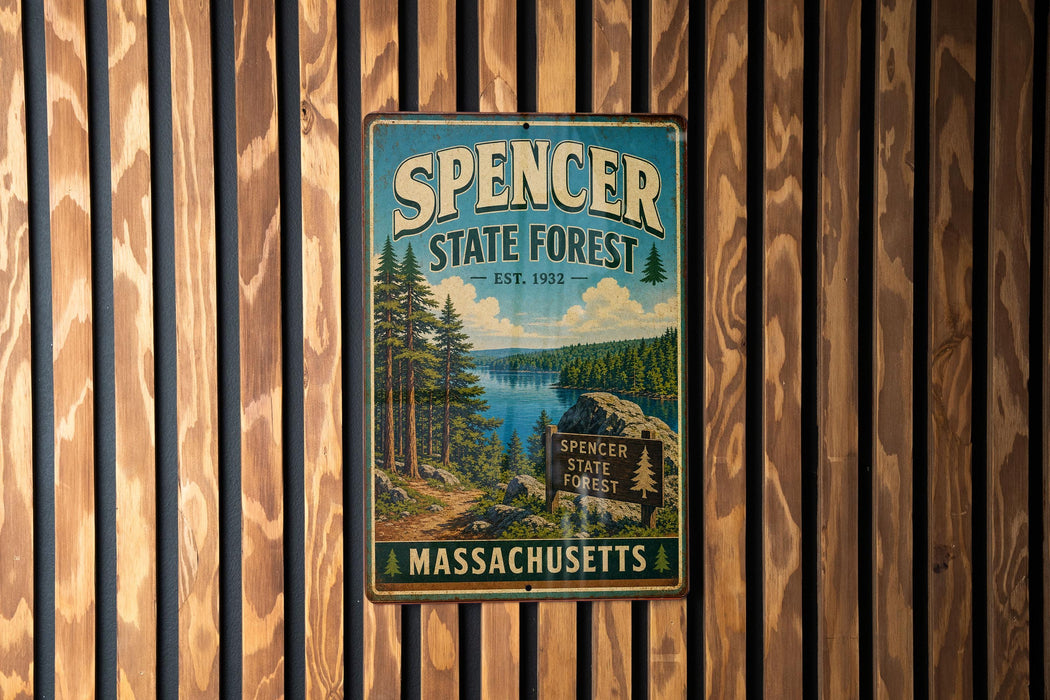 A vintage metal sign for Spencer State Forest in Massachusetts, featuring a scenic landscape with pine trees, a lake, and a sign indicating the location.