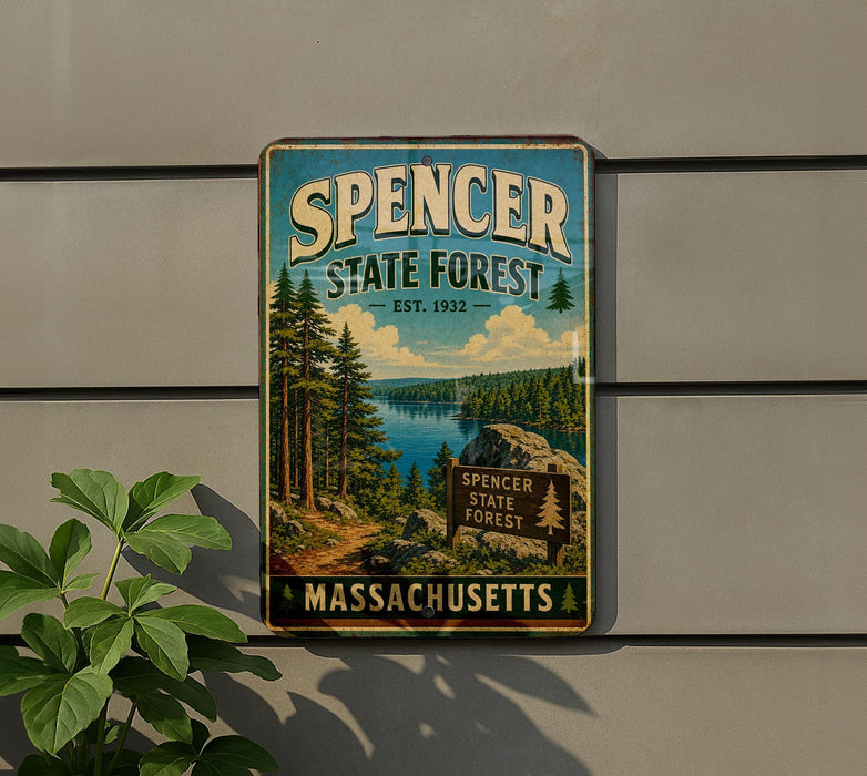 A vintage metal sign for Spencer State Forest in Massachusetts, featuring a scenic landscape with pine trees, a lake, and a trail.
