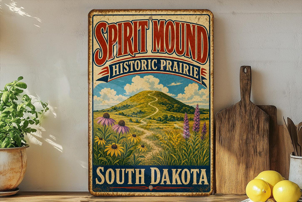 A vintage-style sign for Spirit Mound Historic Prairie in South Dakota, featuring a scenic landscape with a winding path and colorful flowers.