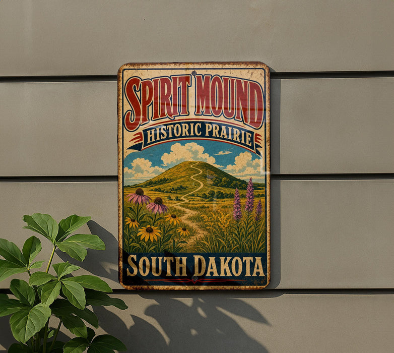 A vintage-style metal sign for Spirit Mound Historic Prairie in South Dakota, featuring a scenic landscape with a mountain, flowers, and a winding path.