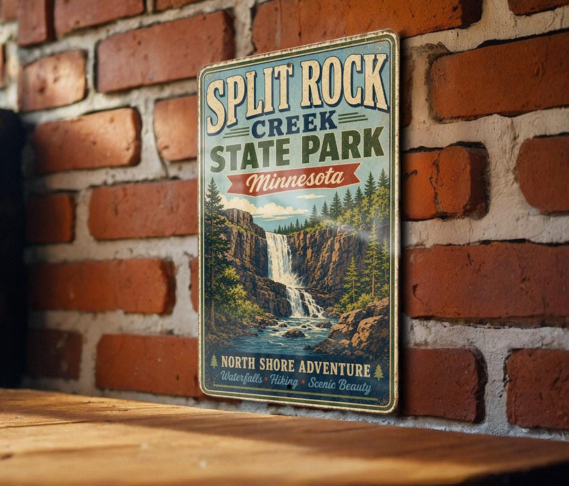 A vintage-style metal sign for Split Rock Creek State Park in Minnesota, featuring a waterfall and forest scenery.