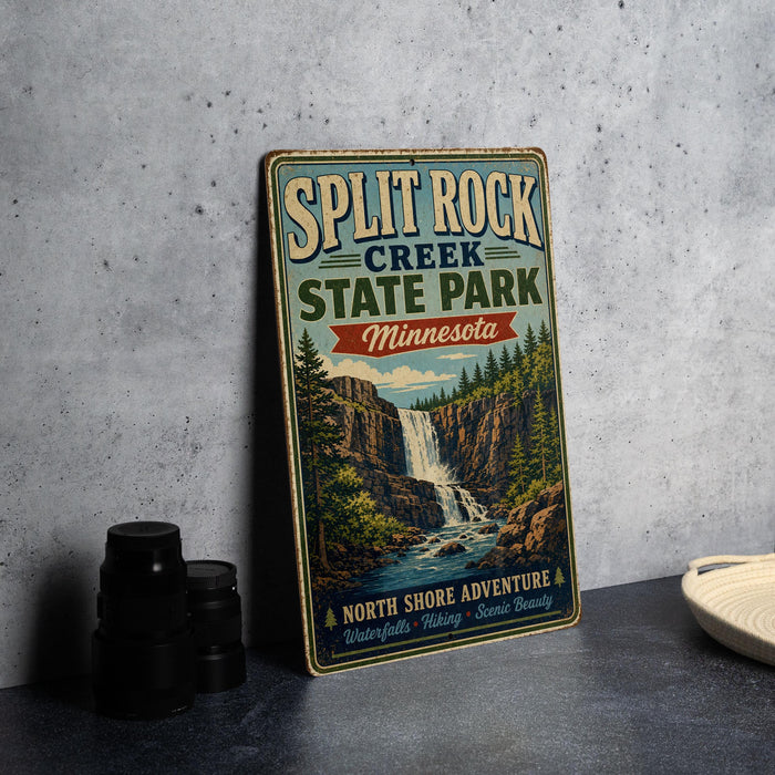 A vintage-style metal sign for Split Rock Creek State Park in Minnesota, featuring a scenic image of a waterfall and forest.