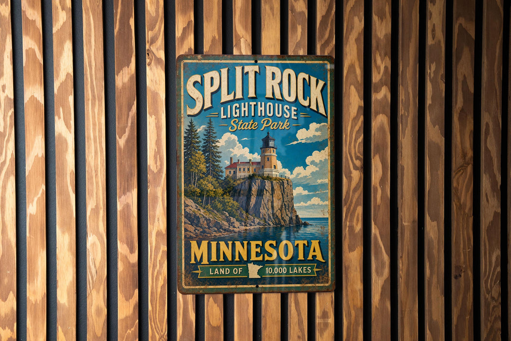 A vintage metal sign for Split Rock Lighthouse State Park in Minnesota, featuring a lighthouse on a cliff overlooking a lake.