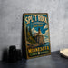 A vintage-style metal sign for Split Rock Lighthouse State Park in Minnesota, featuring a lighthouse and a scenic landscape.
