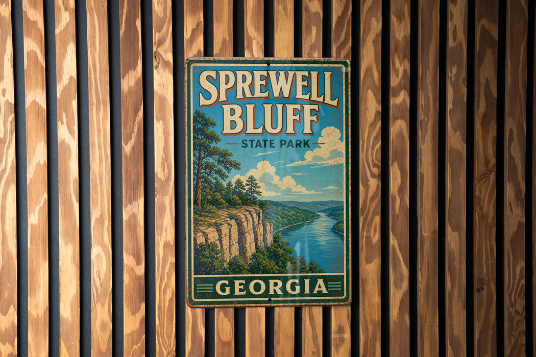 A vintage-style sign for Sprewell Bluff State Park in Georgia, featuring a scenic landscape with a river and mountains.