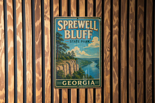 A vintage-style sign for Sprewell Bluff State Park in Georgia, featuring a scenic landscape with a river and mountains.