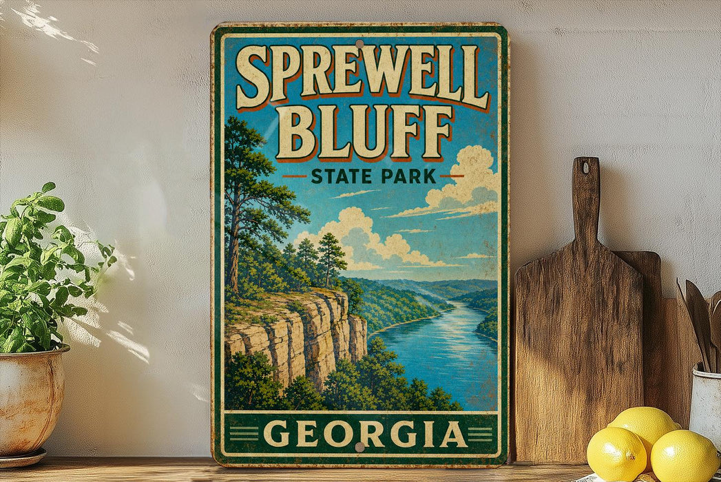 A vintage-style sign for Sprewell Bluff State Park in Georgia, featuring a scenic landscape with a river and mountains.
