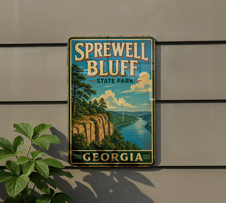 A vintage-style metal sign for Sprewell Bluff State Park in Georgia, featuring a scenic landscape with a river and cliffs.