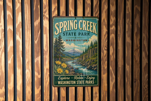 A vintage-style metal sign for Spring Creek State Park in Washington, featuring a scenic landscape with a river, mountains, and pine trees.