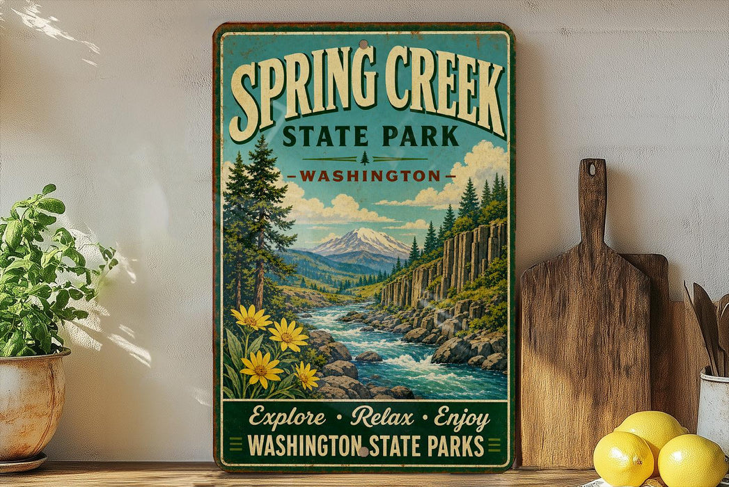 A vintage-style sign for Spring Creek State Park in Washington, featuring a scenic landscape with a river, mountains, and pine trees.