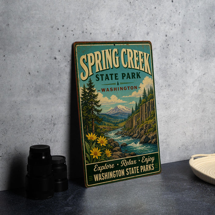 A vintage-style sign for Spring Creek State Park in Washington, featuring a scenic landscape with a river, mountains, and pine trees.