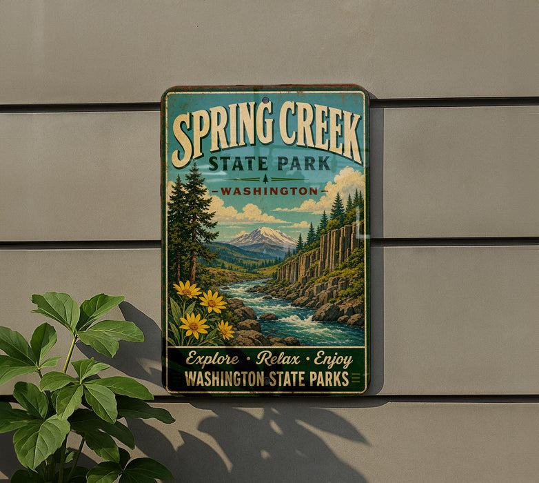 A vintage-style sign for Spring Creek State Park in Washington, featuring a scenic landscape with a river, mountains, and pine trees.