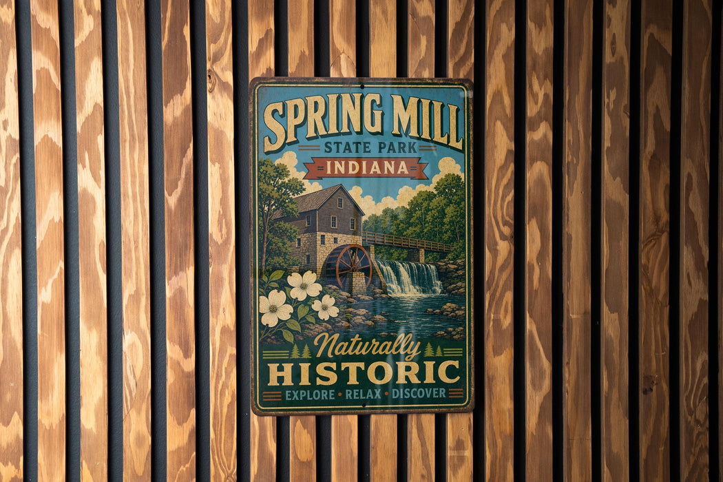 A vintage-style metal sign for Spring Mill State Park, Indiana, featuring a scenic illustration of a waterfall and a mill.