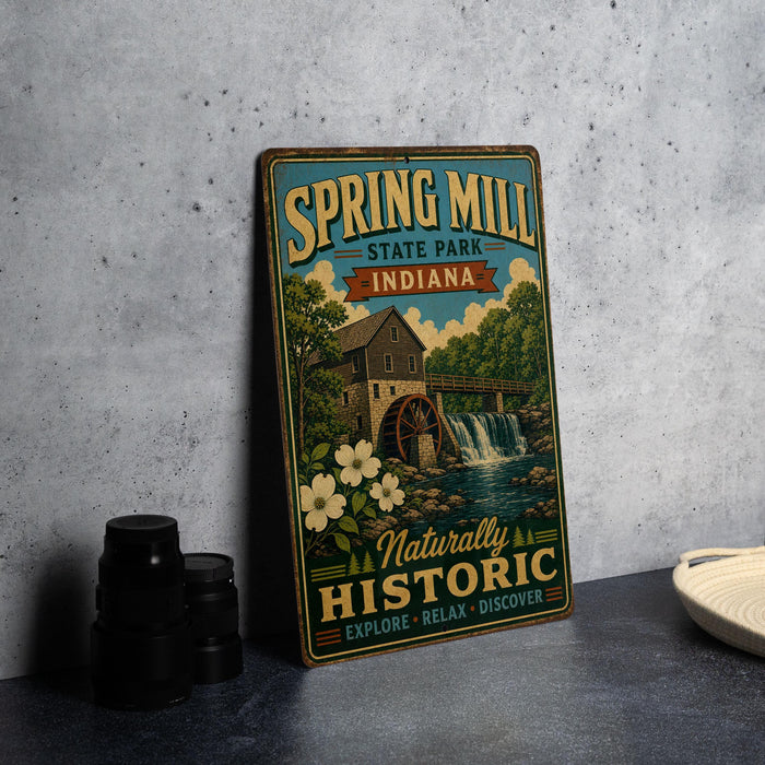 A vintage-style metal sign for Spring Mill State Park, Indiana, featuring an illustration of a mill and a waterfall.