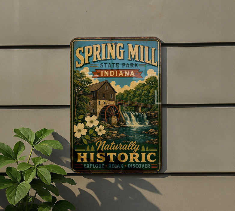 A vintage-style metal sign for Spring Mill State Park, Indiana, featuring a scenic illustration of a mill and waterfall.