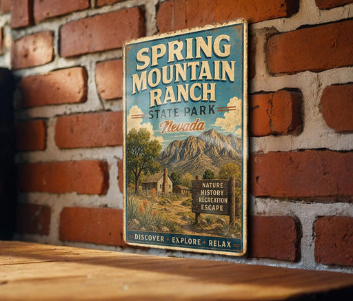 A vintage-style sign for Spring Mountain Ranch State Park in Nevada, featuring a scenic mountain landscape and a cabin, mounted on a brick wall.