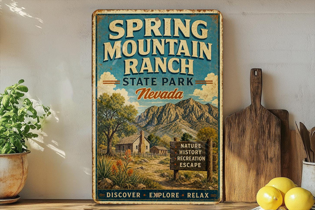 A vintage-style sign for Spring Mountain Ranch State Park in Nevada, featuring a scenic illustration of a mountain landscape with a small cabin and a sign that reads "Discover, Explore, Relax".