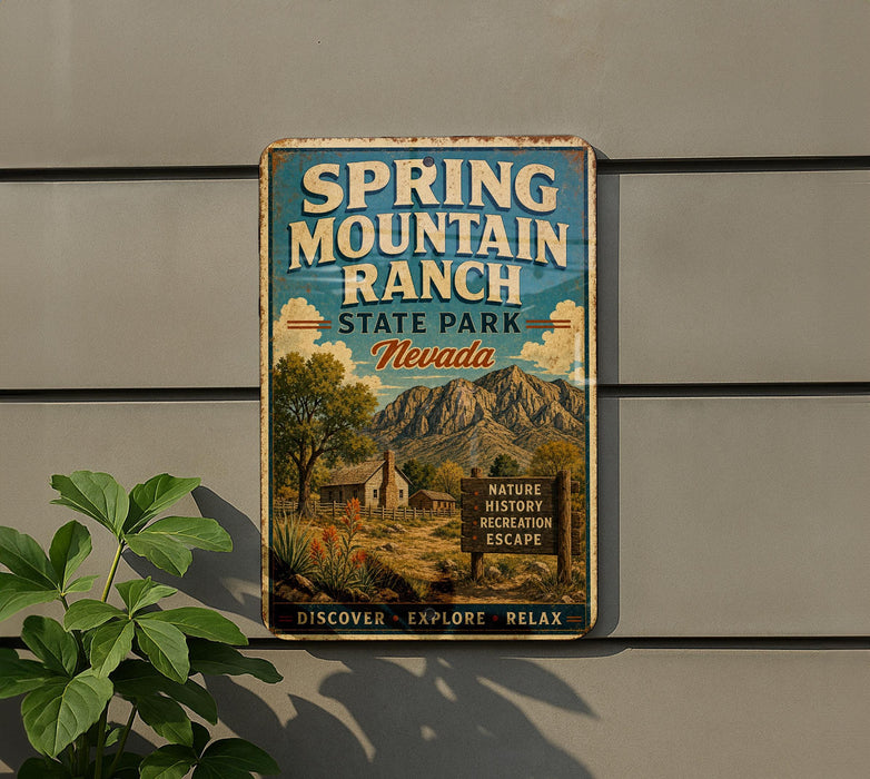 A vintage metal sign for Spring Mountain Ranch State Park in Nevada, featuring a scenic landscape with mountains, a cabin, and a sign that says "Nature History Recreation Escape".