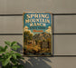 A vintage metal sign for Spring Mountain Ranch State Park in Nevada, featuring a scenic landscape with mountains, a cabin, and a sign that says "Nature History Recreation Escape".