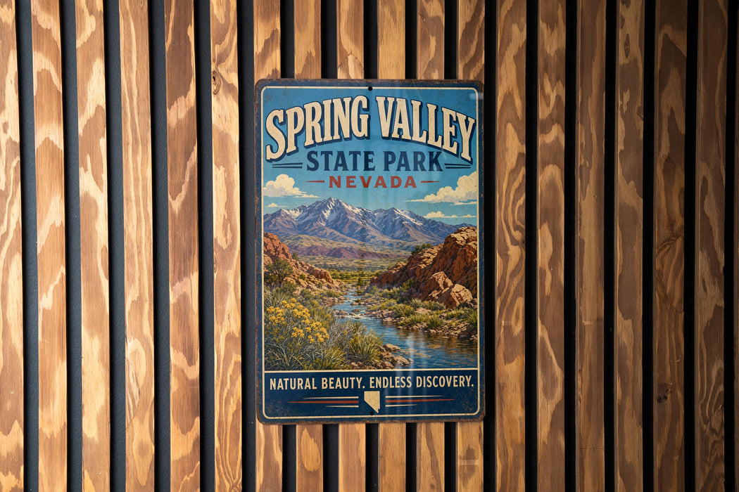 A vintage-style sign for Spring Valley State Park, Nevada, featuring a scenic mountain landscape with a river and desert terrain.
