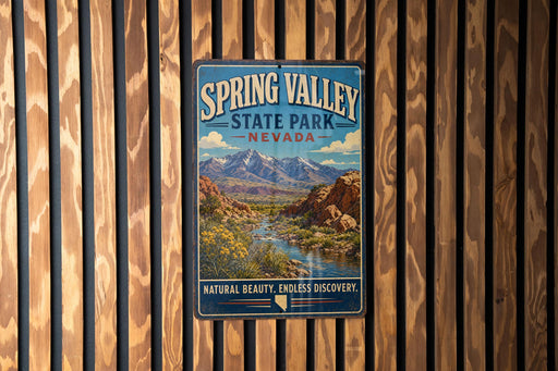 A vintage-style sign for Spring Valley State Park, Nevada, featuring a scenic mountain landscape with a river and desert terrain.
