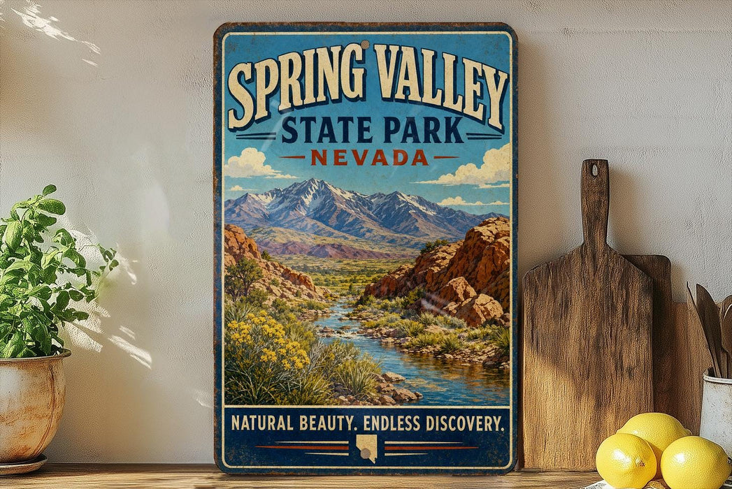 A vintage-style sign for Spring Valley State Park, Nevada, featuring a scenic mountain landscape with a river and lush vegetation.