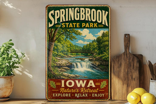 A vintage-style sign for Springbrook State Park in Iowa, featuring a scenic landscape with a waterfall and lush greenery.