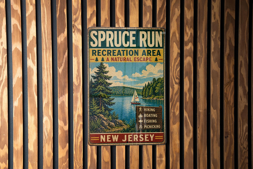 A vintage-style metal sign for the SPRUCE RUN Recreation Area in New Jersey, featuring a scenic image of a lake and pine trees.
