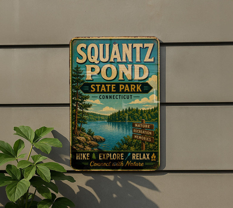 a vintage metal sign for Squantz Pond State Park in Connecticut, with a scenic landscape of a lake, trees, and mountains.