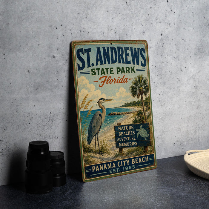 A vintage-style metal sign for St. Andrews State Park in Florida, featuring a blue heron and beach scenery.