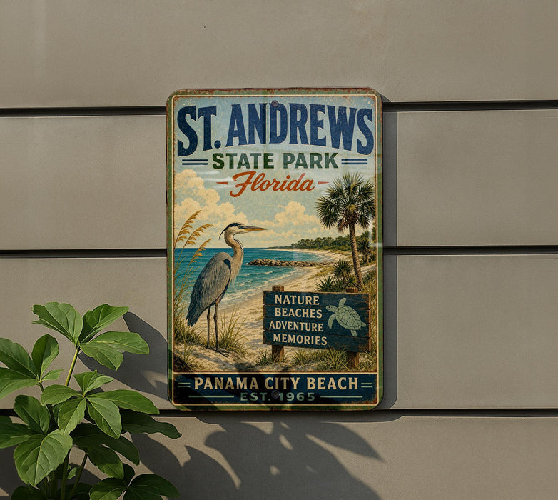 A vintage-style metal sign for St. Andrews State Park in Florida, featuring a bird, palm trees, and a beach scene.