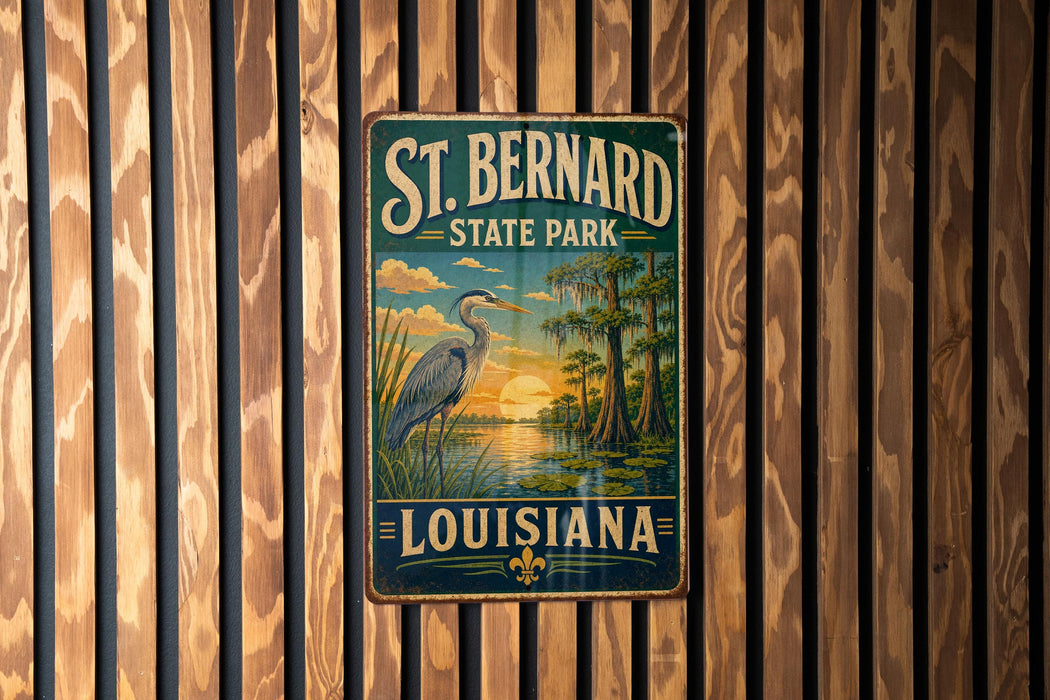 A vintage-style metal sign for St. Bernard State Park in Louisiana, featuring a seagull and a sunset landscape.