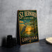 A vintage-style metal sign for St. Bernard State Park in Louisiana, featuring an illustration of a heron and a sunset over the bay.