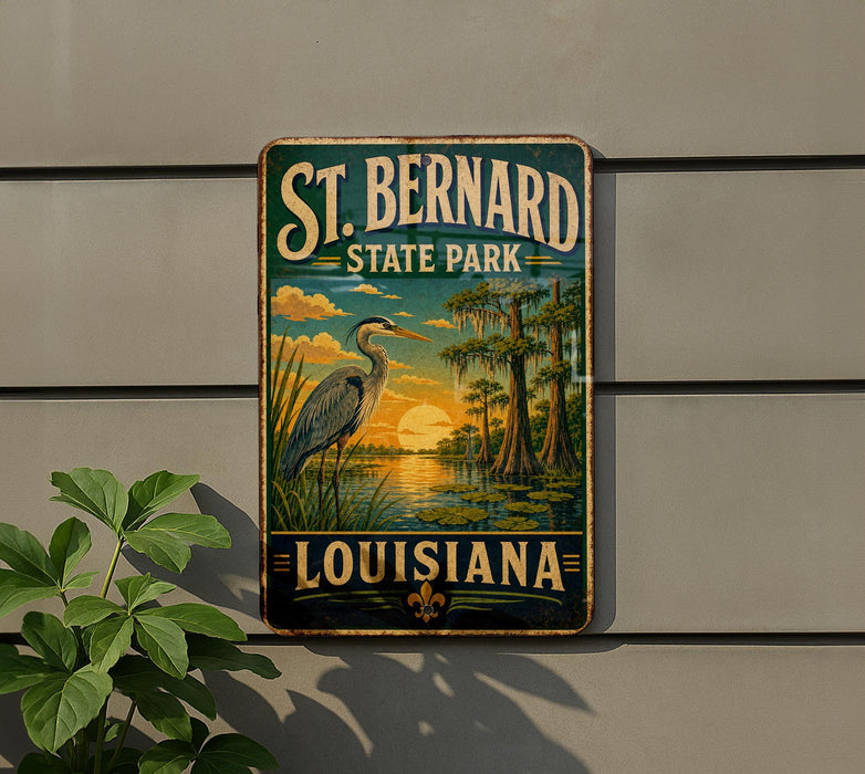 A vintage-style metal sign for St. Bernard State Park in Louisiana, featuring a bird and a sunset landscape.