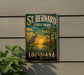 A vintage-style metal sign for St. Bernard State Park in Louisiana, featuring a bird and a sunset landscape.