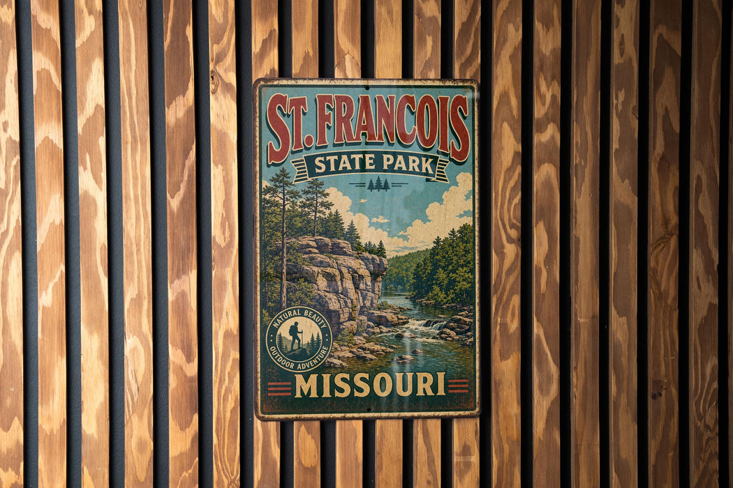 A vintage metal sign for St. Francis State Park in Missouri, featuring a scenic landscape with a river and mountains.