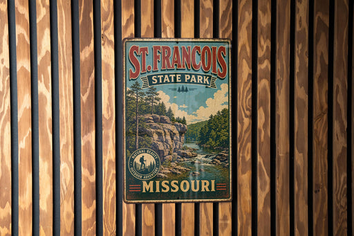 A vintage metal sign for St. Francis State Park in Missouri, featuring a scenic landscape with a river and mountains.