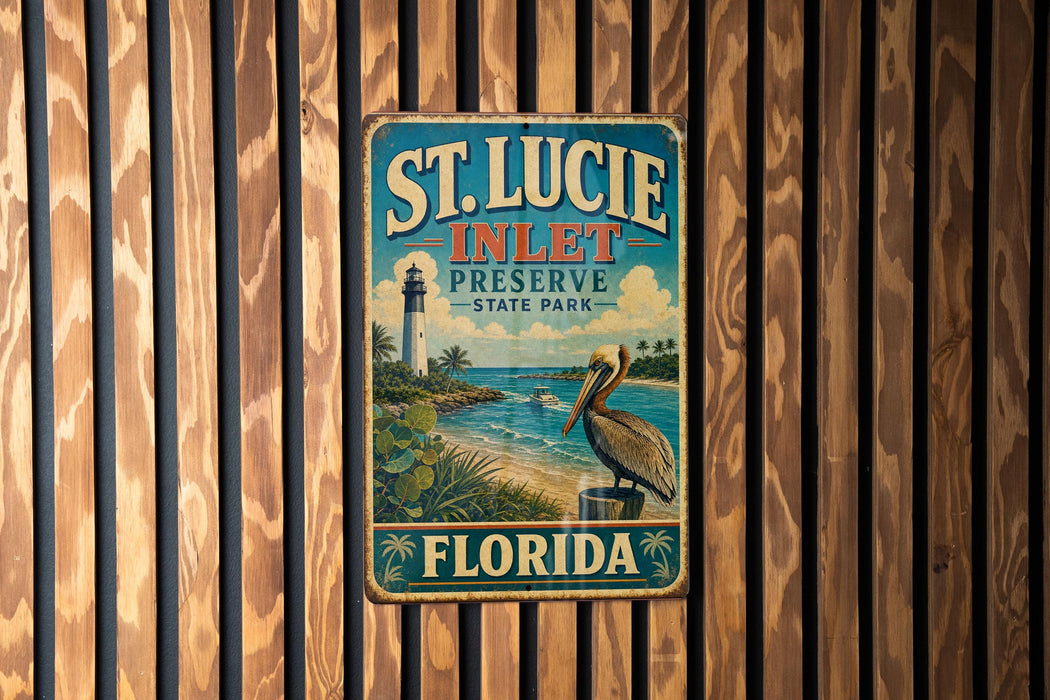 A vintage-style metal sign for St. Lucie Inlet Preserve, Florida, featuring a lighthouse and a pelican, is displayed on a wooden wall.