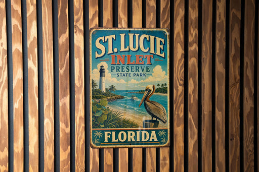 A vintage-style metal sign for St. Lucie Inlet Preserve, Florida, featuring a lighthouse and a pelican, is displayed on a wooden wall.