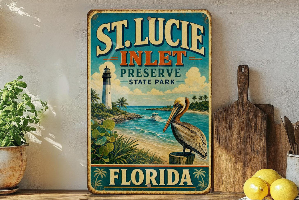 A vintage-style metal sign for St. Lucie Inlet Preserve, Florida, featuring a lighthouse and a pelican, is displayed on a shelf next to a wooden cutting board and a potted plant.