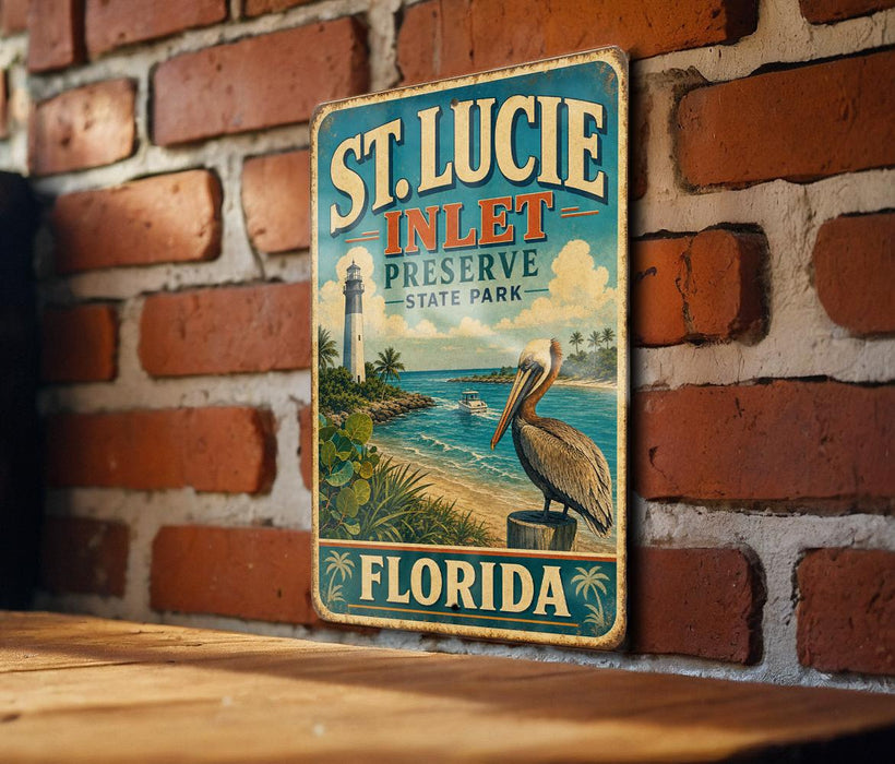 A vintage-style metal sign for St. Lucie Inlet Preserve, Florida, featuring a lighthouse and a pelican, is displayed on a brick wall.
