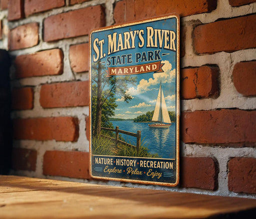 A vintage-style metal sign for St. Mary's River State Park in Maryland, featuring a scenic illustration of a sailboat on the water and a wooden fence along the shoreline.