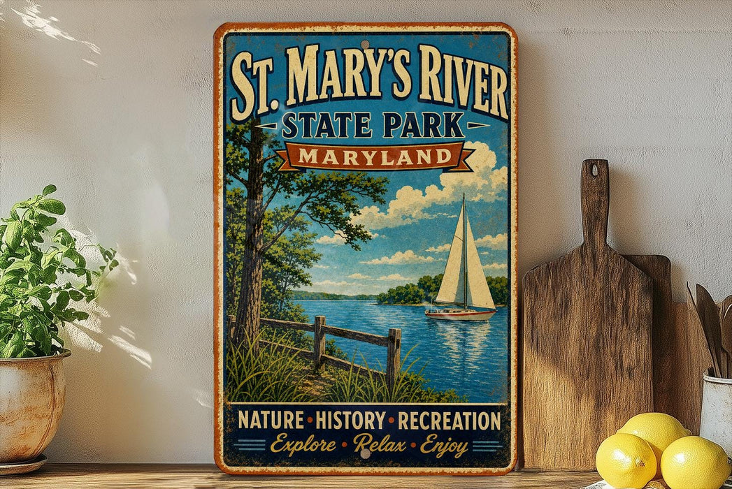 A vintage-style metal sign for St. Mary's River State Park in Maryland, featuring a scenic image of a sailboat on the river.