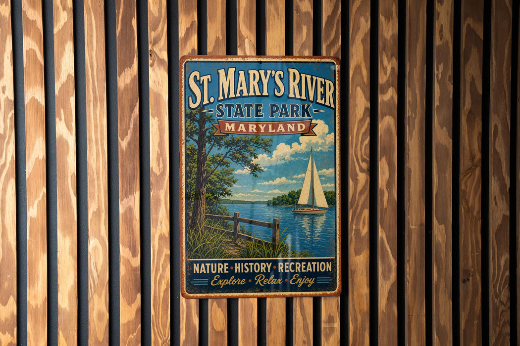 A vintage-style metal sign for St. Mary's River State Park, Maryland, featuring a sailboat on a lake and a wooden fence in the background.