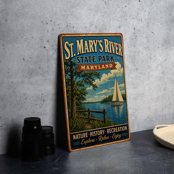 A vintage-style metal sign for St. Mary's River State Park in Maryland, featuring a sailboat on the water and a scenic landscape.