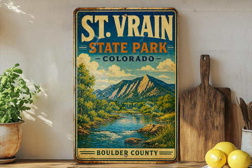 A vintage-style sign for St. Vrain State Park in Colorado, featuring a scenic mountain landscape with a river flowing through it.