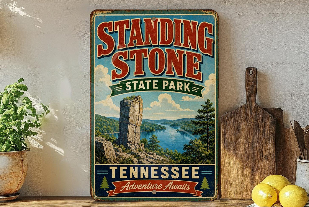 A vintage-style sign for Standing Stone State Park in Tennessee, featuring a scenic landscape with a lake and mountains.