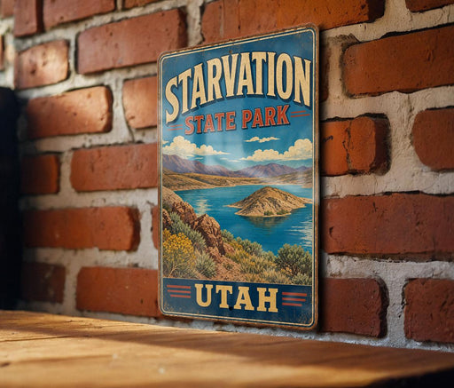 A vintage metal sign for Starvation State Park in Utah, featuring a scenic landscape with mountains, a lake, and a desert island.