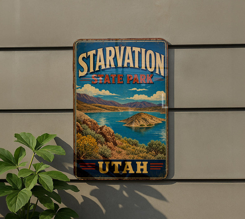 A vintage-style metal sign for Starvation State Park in Utah, featuring a scenic landscape with mountains, a lake, and a desert island.