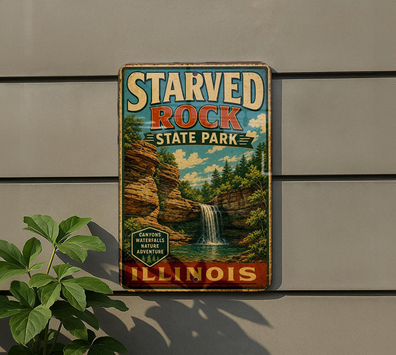 A vintage-style metal sign for Starved Rock State Park in Illinois, featuring a waterfall and lush greenery.